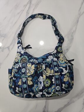 Vera Bradley Navy Floral Quilted Hobo Bag with Blue and Cream Accents